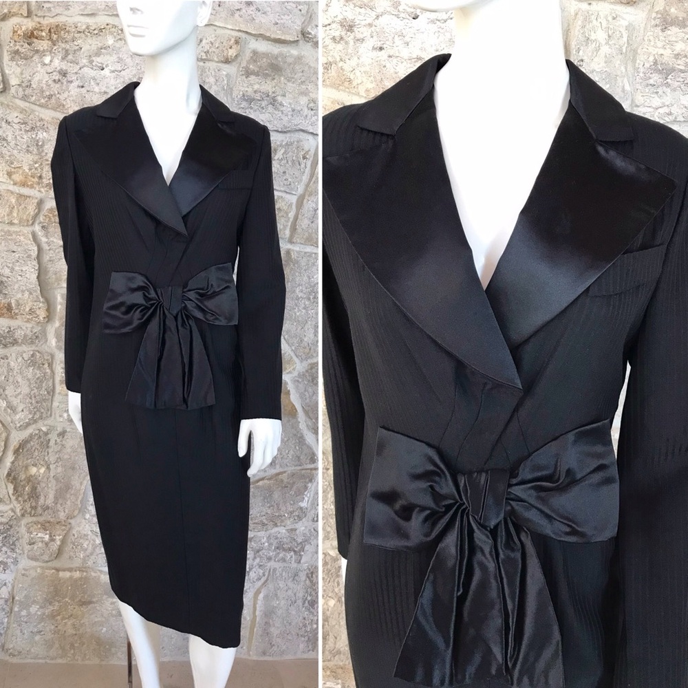 Fantastic Vintage 1970s Tuxedo Dress with Satin Collar and Big Bow